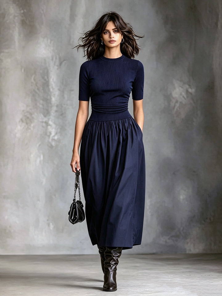Robe midi bleu marine, vue d'ensemble de face