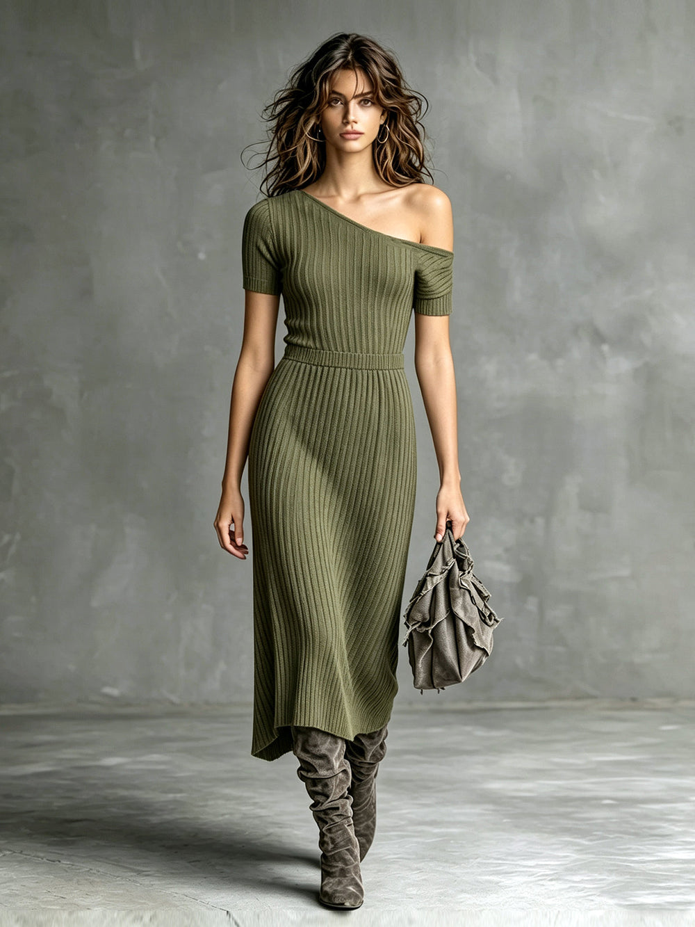 Robe midi vert militaire, vue d'ensemble de face