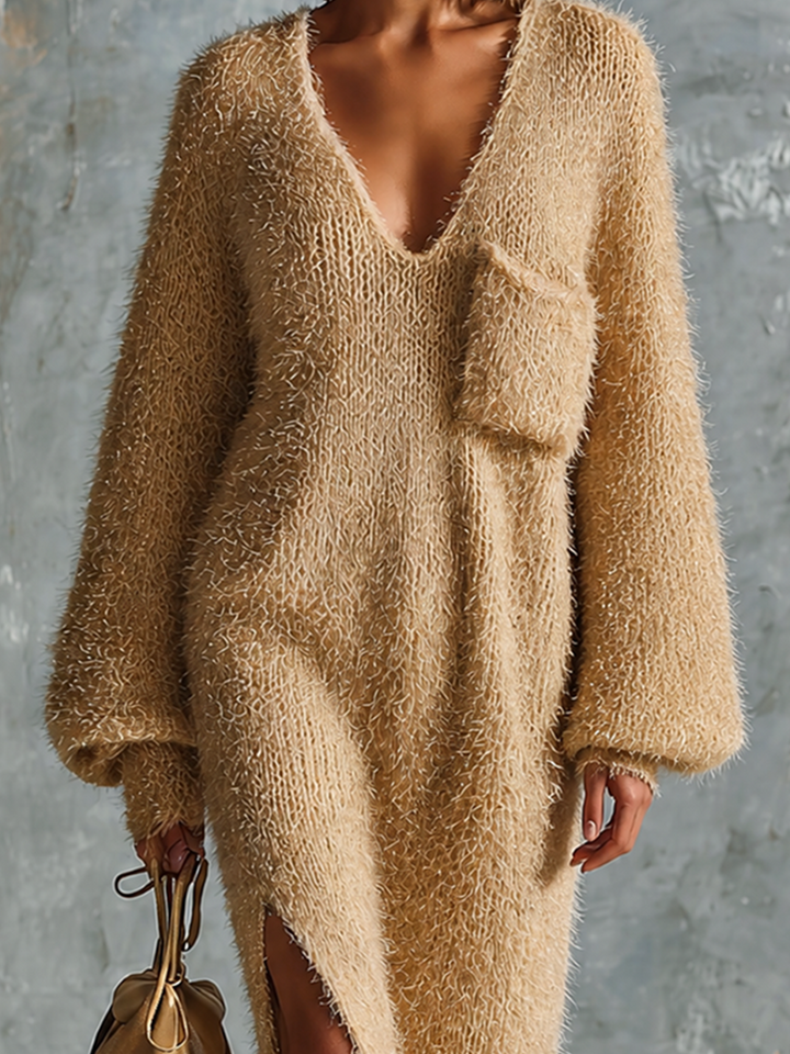 Robe en maille camel, gros plan de la poche plaquée