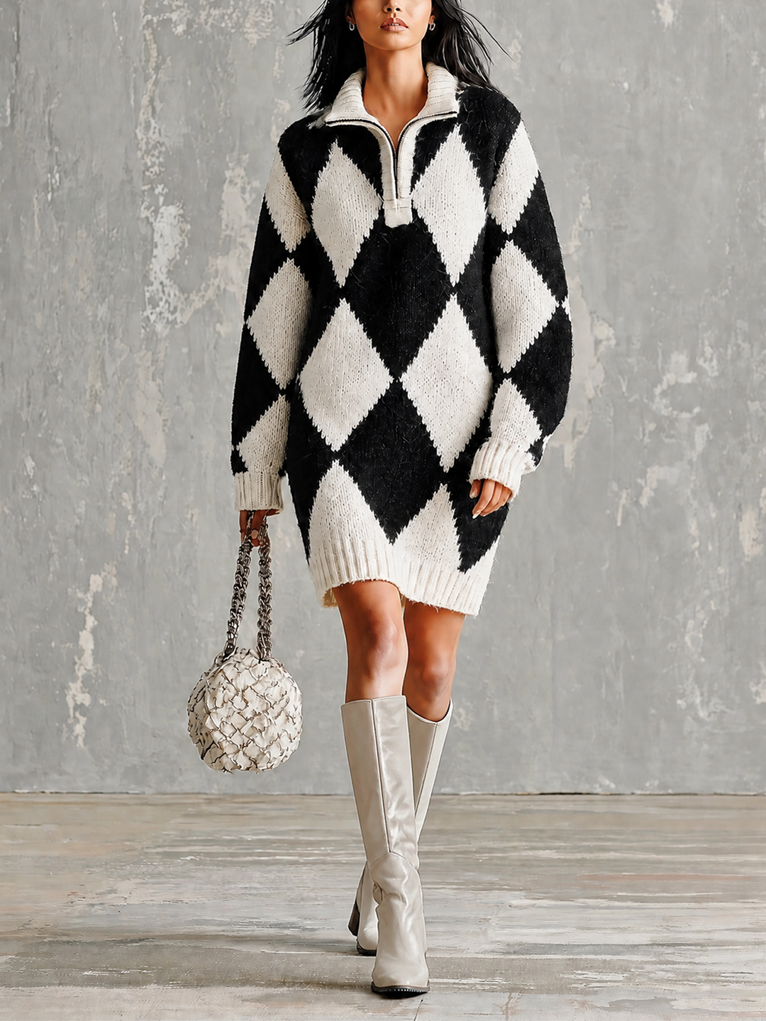 Robe à losanges noirs et blancs, vue de face