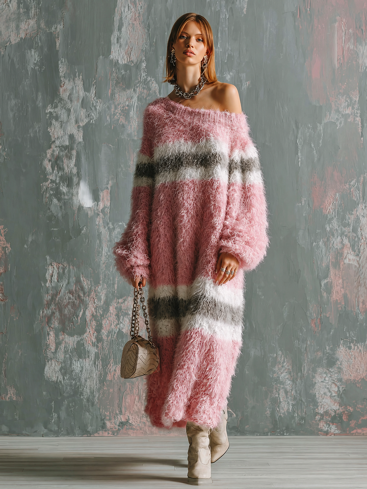 Robe longue rayée rose, vue d'ensemble de face