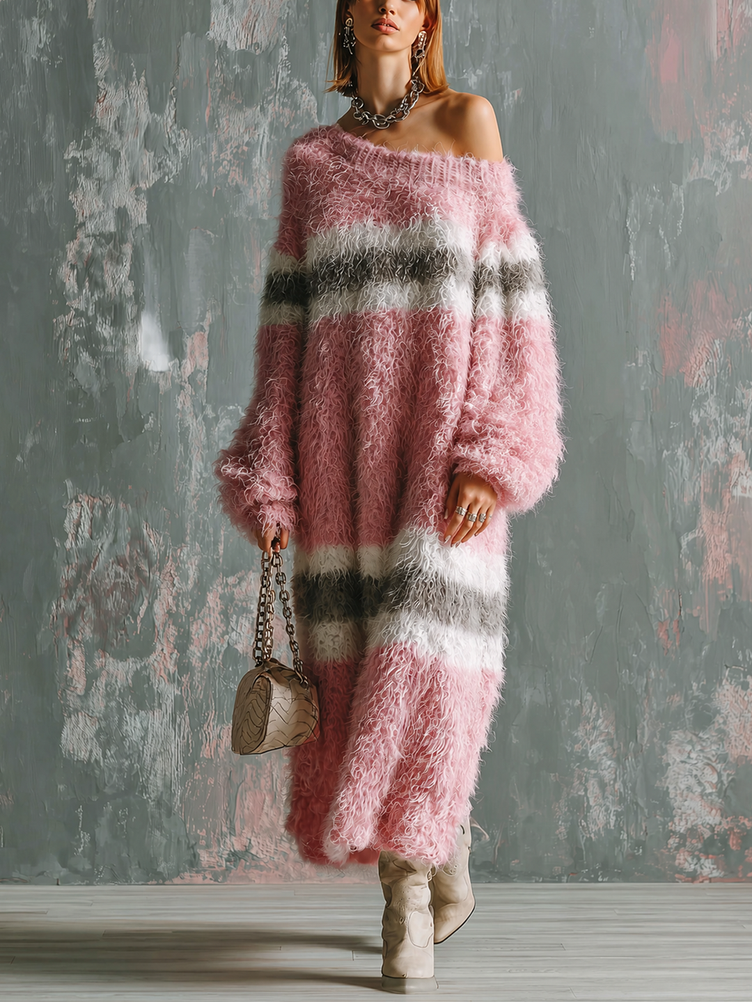 Robe longue rayée rose, vue de face