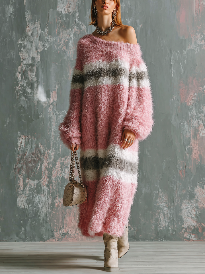 Robe longue rayée rose, vue de face