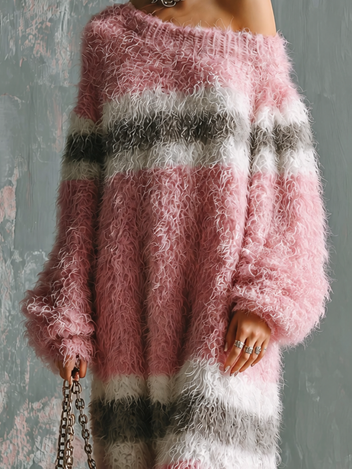 Robe longue rayée rose, gros plan de la maille