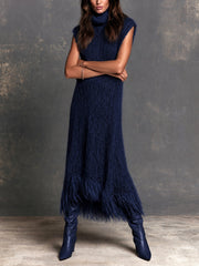 Robe longue bleu marine à franges, vue de face