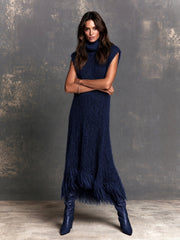 Robe longue bleu marine à franges, vue d'ensemble de face
