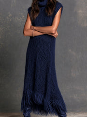 Robe longue bleu marine à franges, gros plan des franges