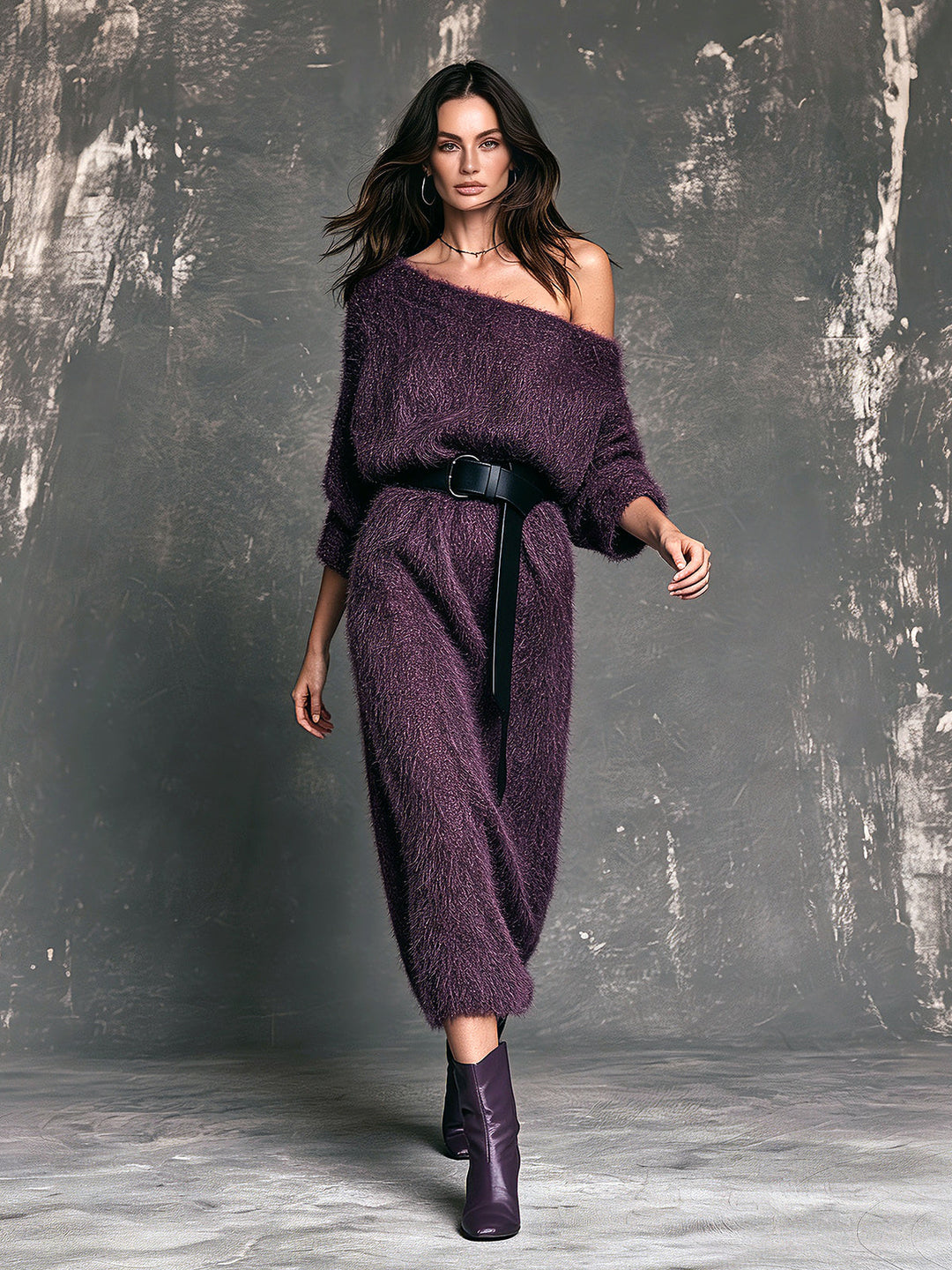 Robe en maille prune, vue d'ensemble de face