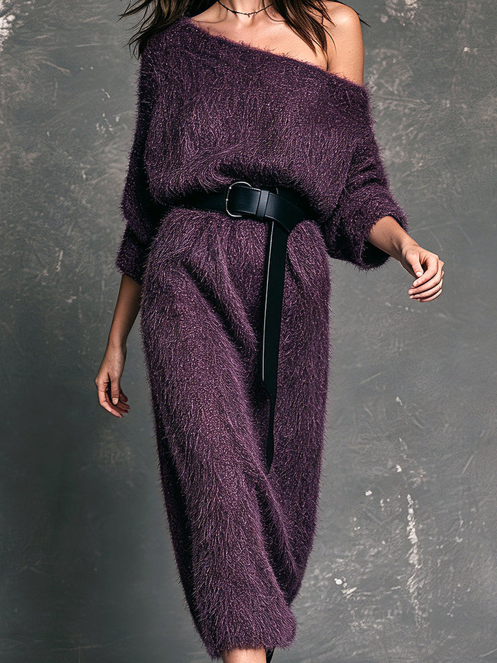 Robe en maille prune, vue rapprochée de face