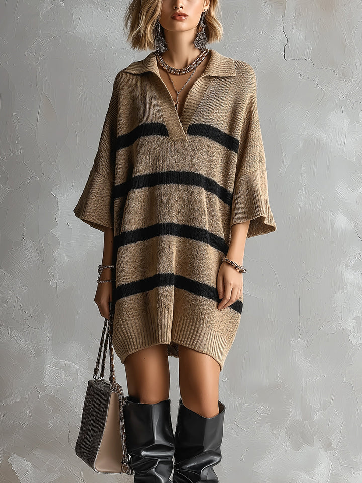 Robe en maille camel rayée, vue rapprochée de face