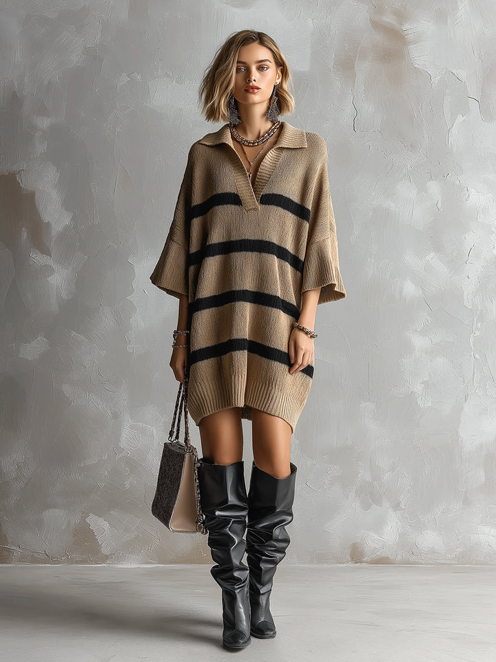 Robe en maille camel rayée, vue d'ensemble de face