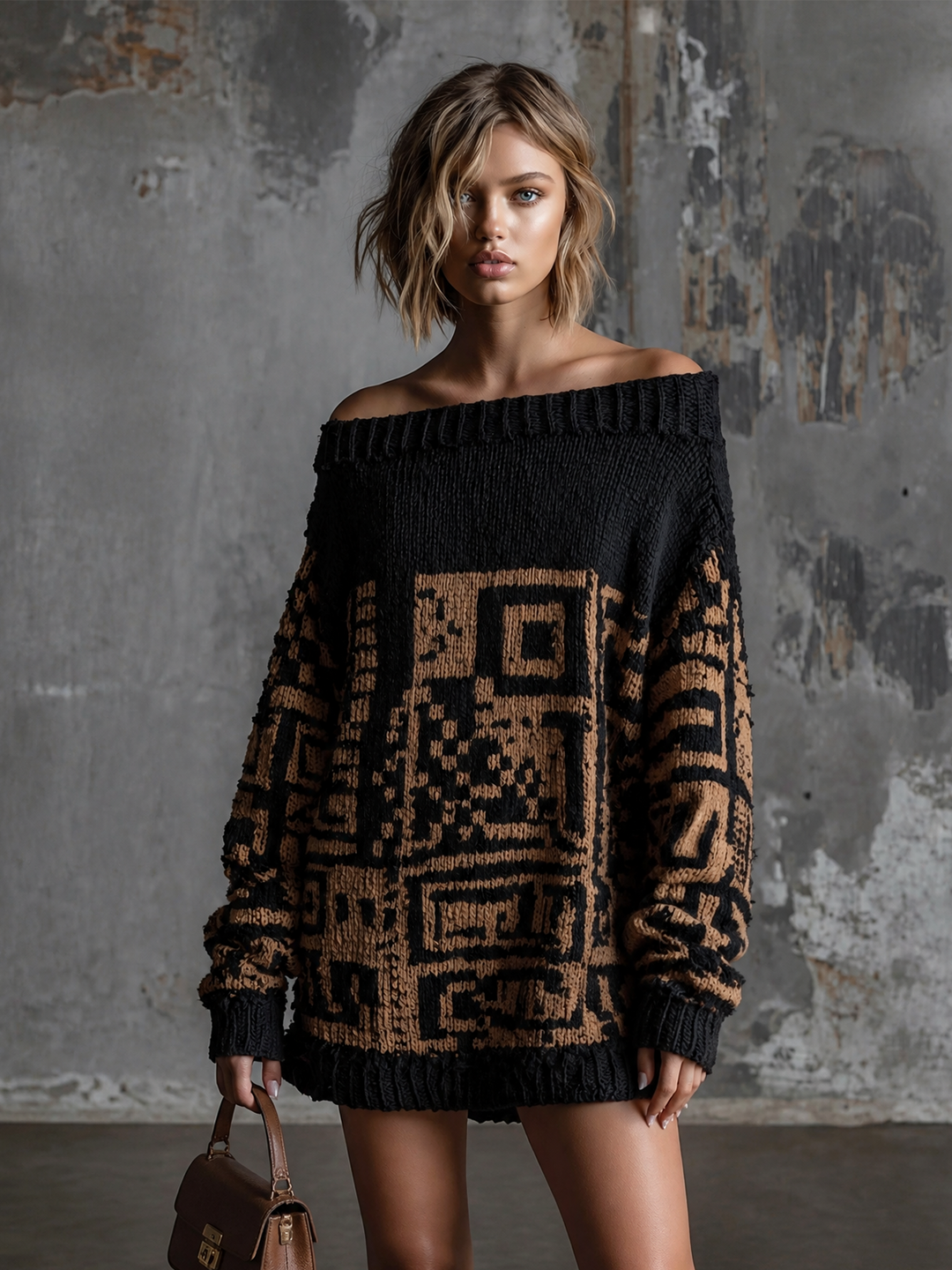 Robe en maille noire et camel, vue d'ensemble de face
