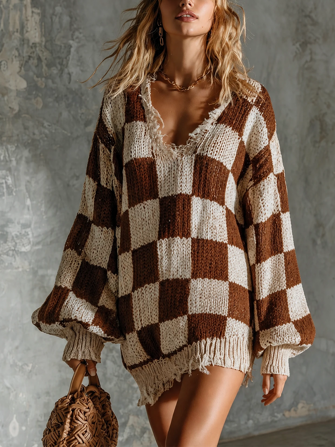 Robe à damier brun et écru, vue de face