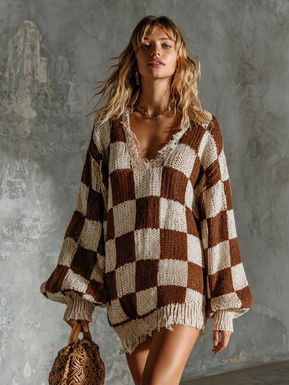Robe à damier brun et écru, vue d'ensemble de face