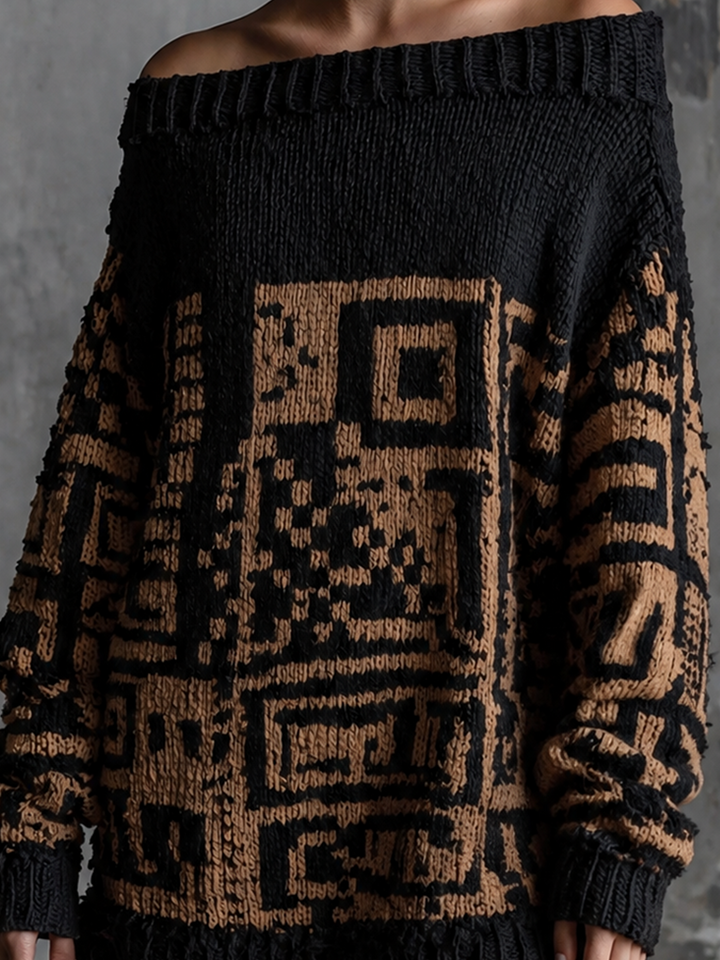 Robe en maille noire et camel, gros plan du motif
