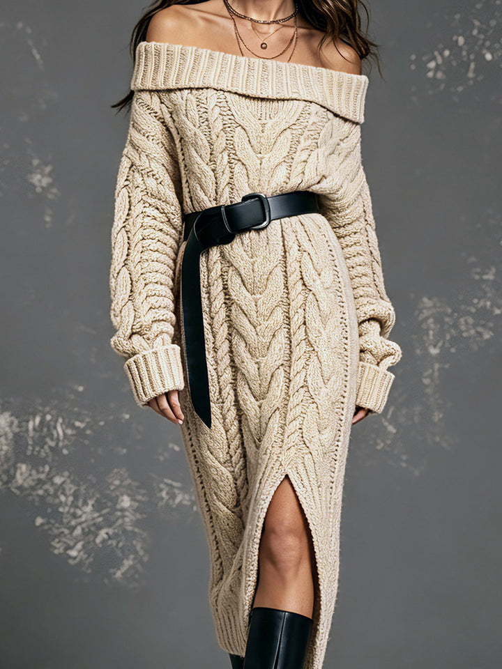 Robe en maille beige à torsades, gros plan des torsades