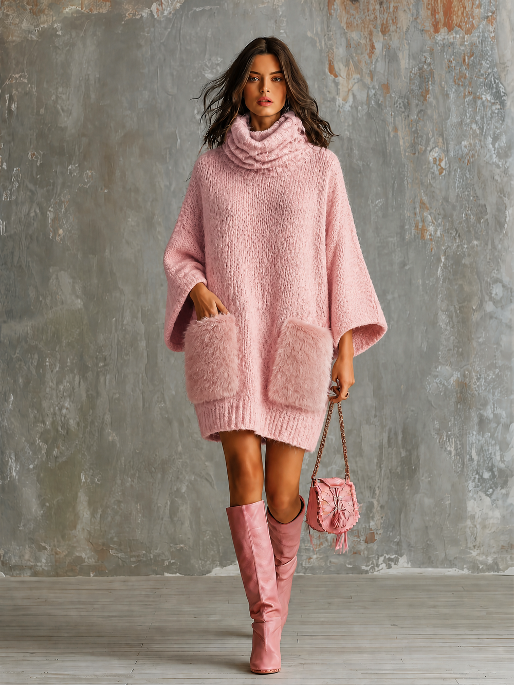 Robe en maille rose, vue d'ensemble de face