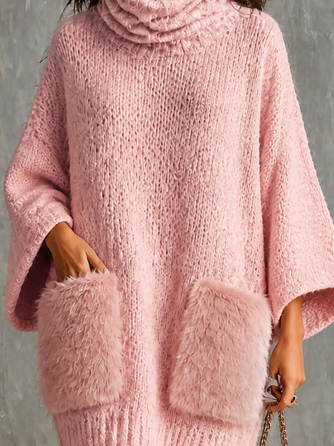 Robe en maille rose, gros plan des poches texturées