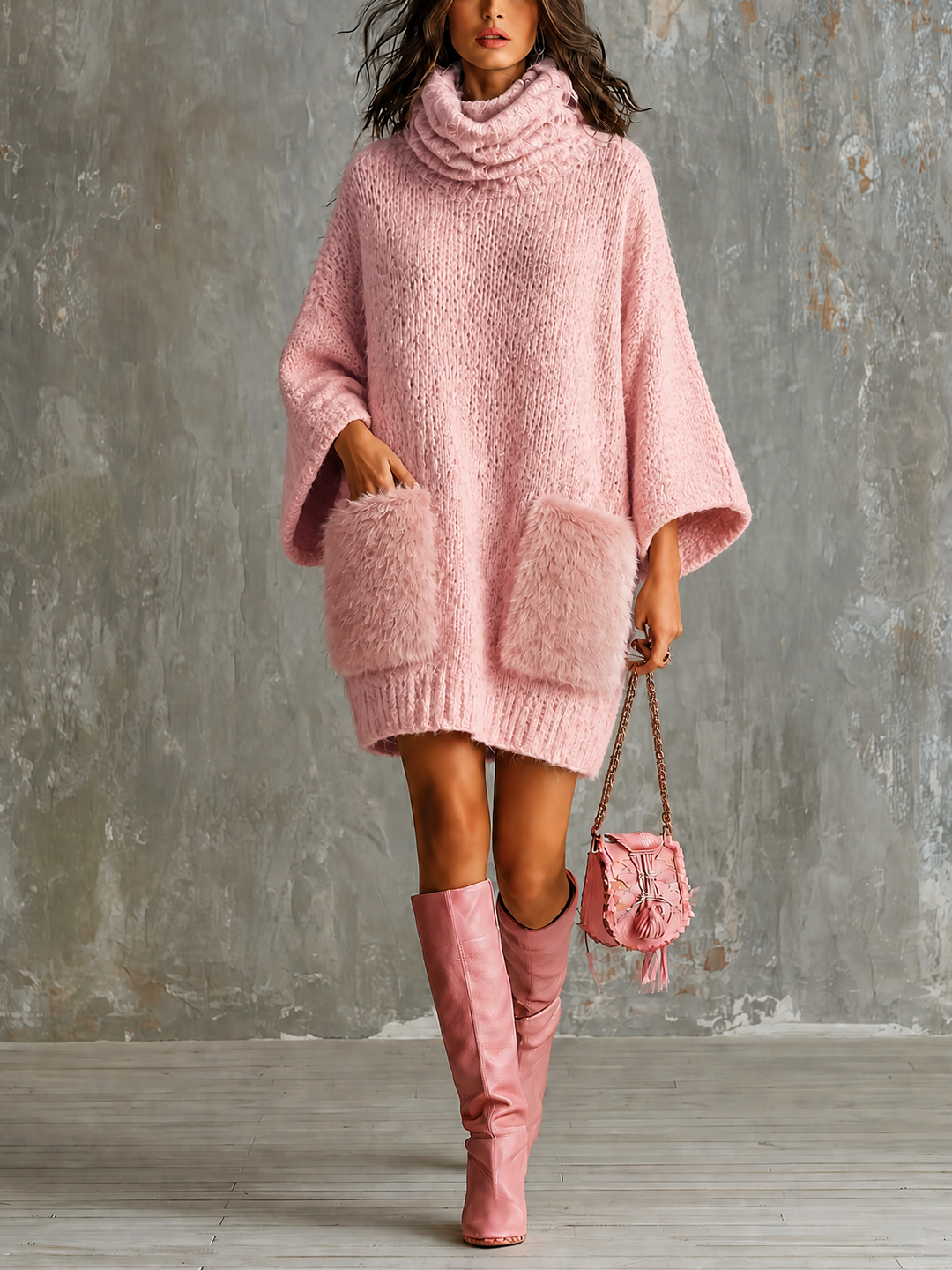 Robe en maille rose, vue de face