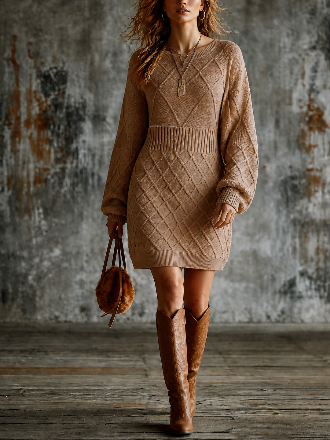 Robe en maille camel, vue de face