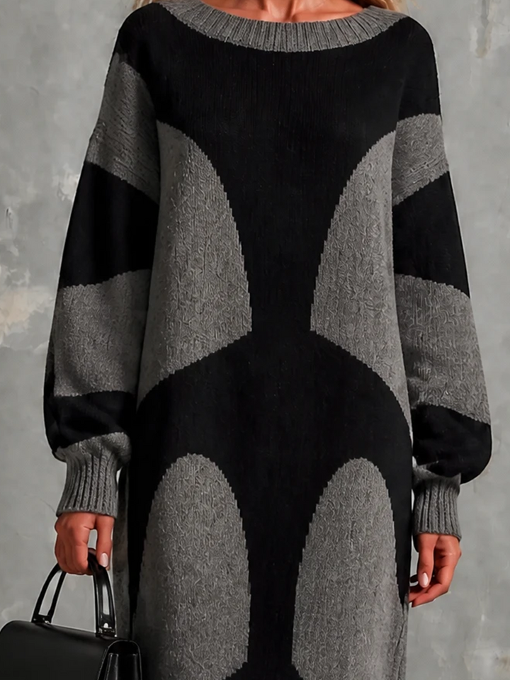 Robe longue grise et noire, gros plan du motif