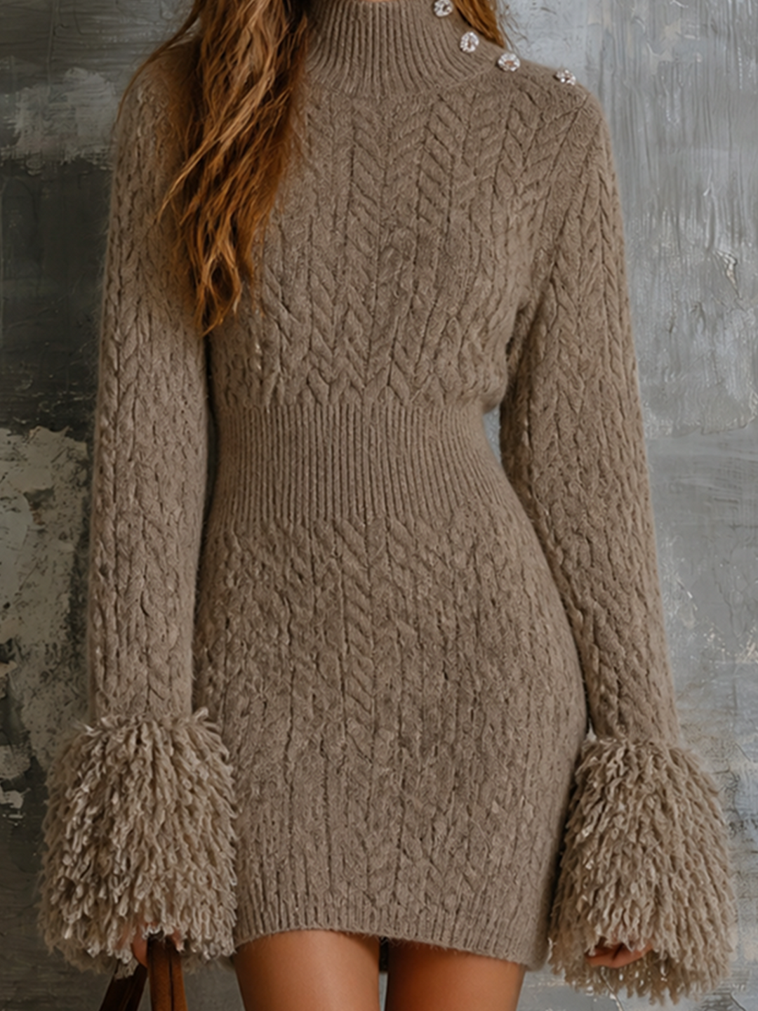 Robe en maille taupe, gros plan des poignets frangés