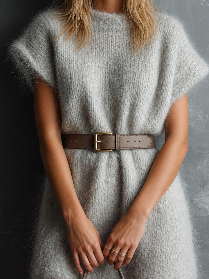 Robe en maille gris clair, gros plan du buste