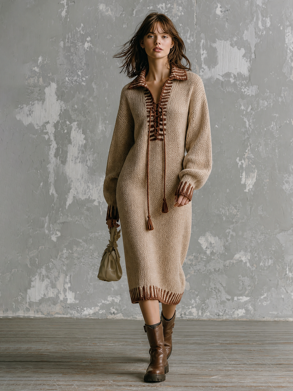 Robe midi beige à laçage, vue d'ensemble de face