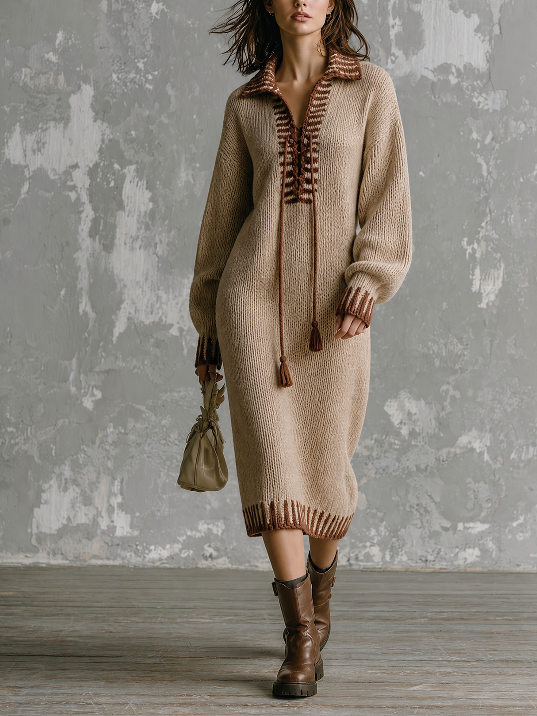 Robe midi beige à laçage, vue de face