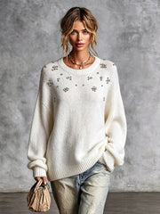 Pull blanc crème perlé — vue portée de trois-quarts