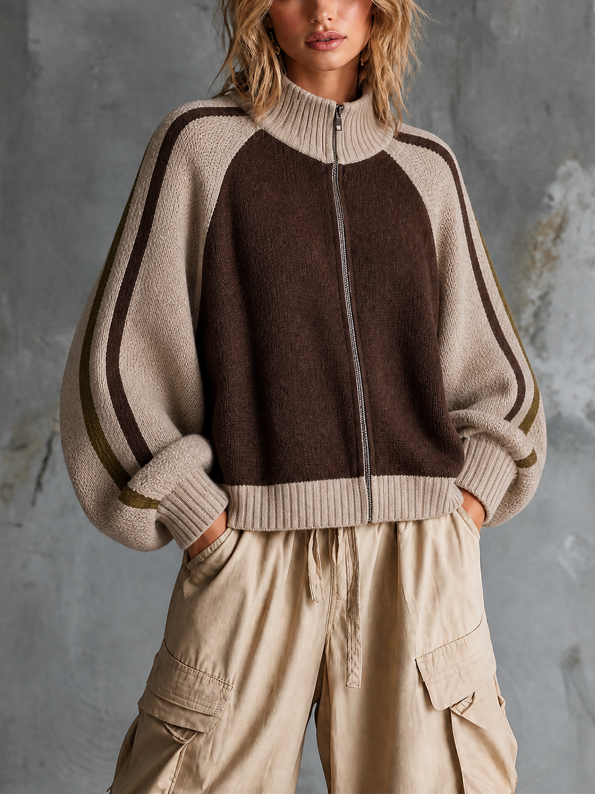 Cardigan brun beige col zippé — vue portée de face, pantalon cargo beige clair