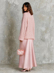 Ensemble rose pull noué — vue portée de dos, haut matelassé et jupe longue