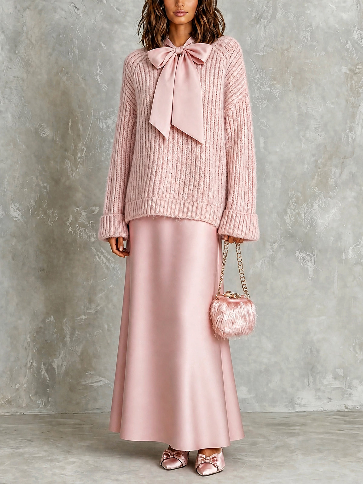 Ensemble rose pull noué — vue portée en pied, petit sac rose en forme de cœur