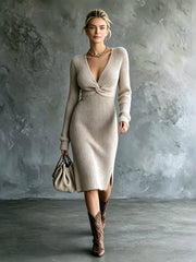 Robe midi beige croisée, vue d'ensemble de face