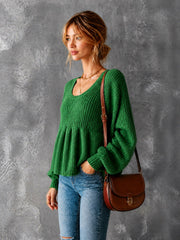 Pull vert manches lanternes — vue portée de profil, volume des manches et base évasée