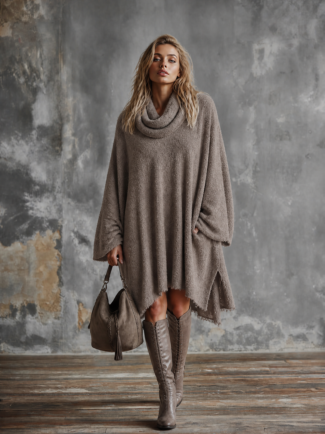 Robe midi taupe à col drapé, vue d'ensemble de face