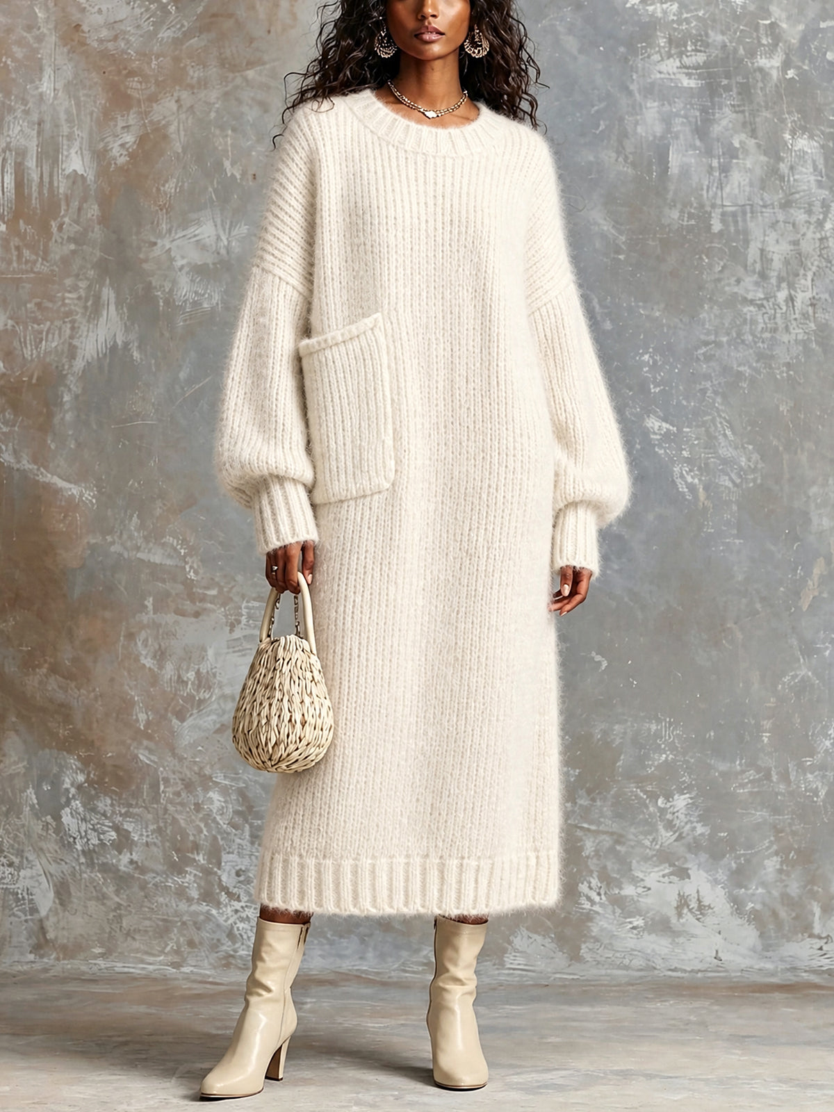 Robe longue crème poche plaquée — vue portée en pied, bottines claires et petit sac perlé, regard baissé