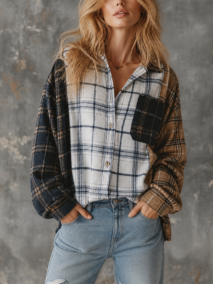 Chemise à carreaux marine et brune, vue de face