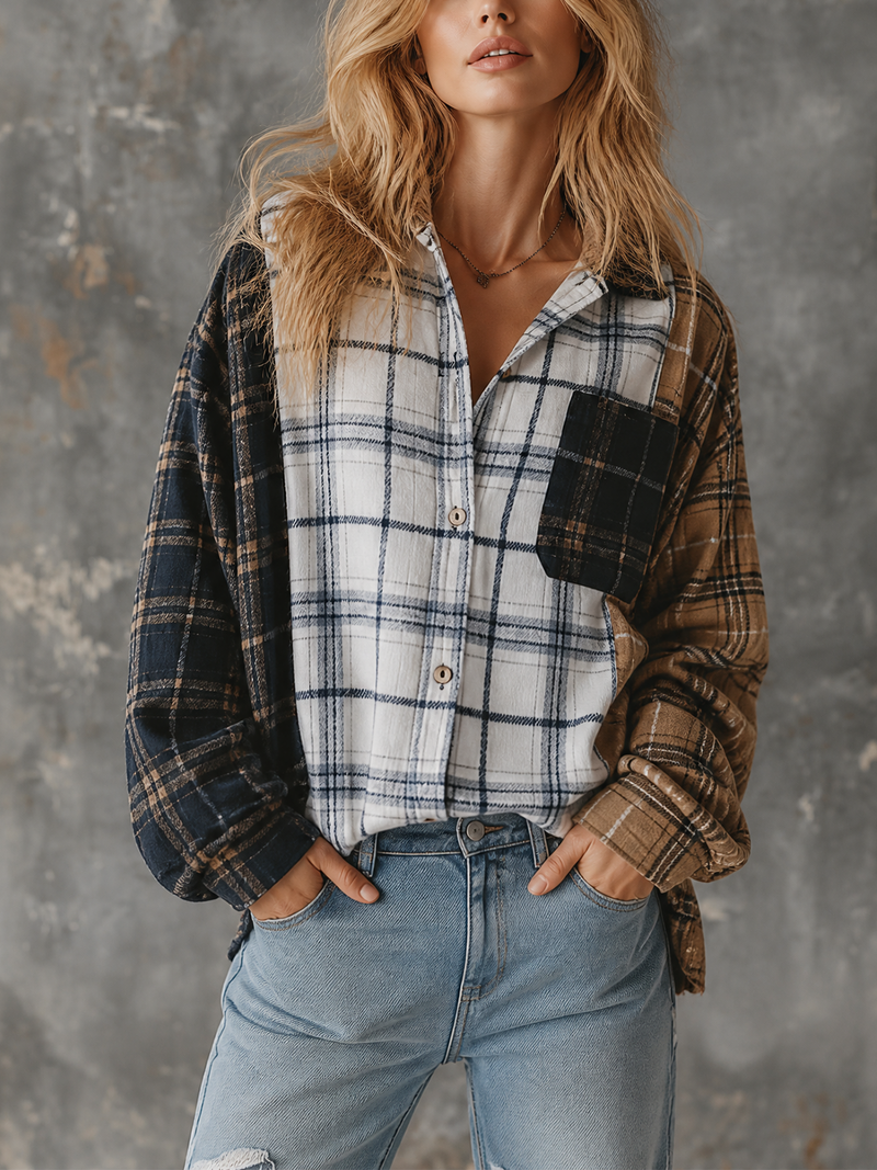 Chemise à carreaux marine et brune, vue de face