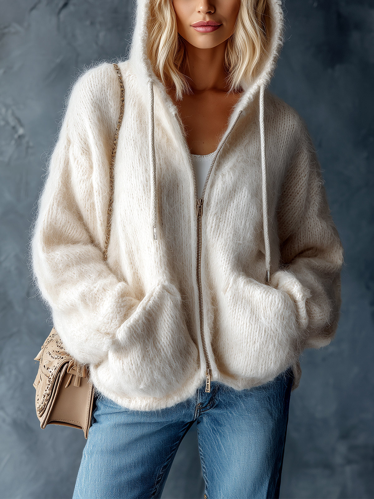 Cardigan blanc crème à capuche — vue portée de face, cadrée à la taille, haut blanc et jean