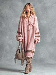 Robe midi rose rayures brunes — vue portée en pied, autre pose