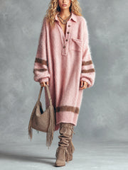 Robe midi rose rayures brunes — vue portée en pied, bottines souples taupe et sac gris