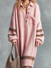 Robe midi rose rayures brunes — gros plan du col, des boutons et de la maille