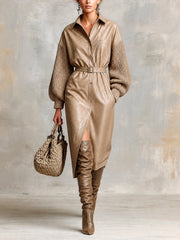 Robe brun clair manches lanternes — vue portée en pied, bottes montantes et sac assortis