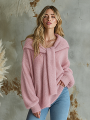 Pull rose poudré épaules tombantes — vue portée de face, droite