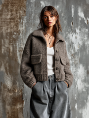 Cardigan taupe poches plaquées — vue portée en pied, volume du cardigan