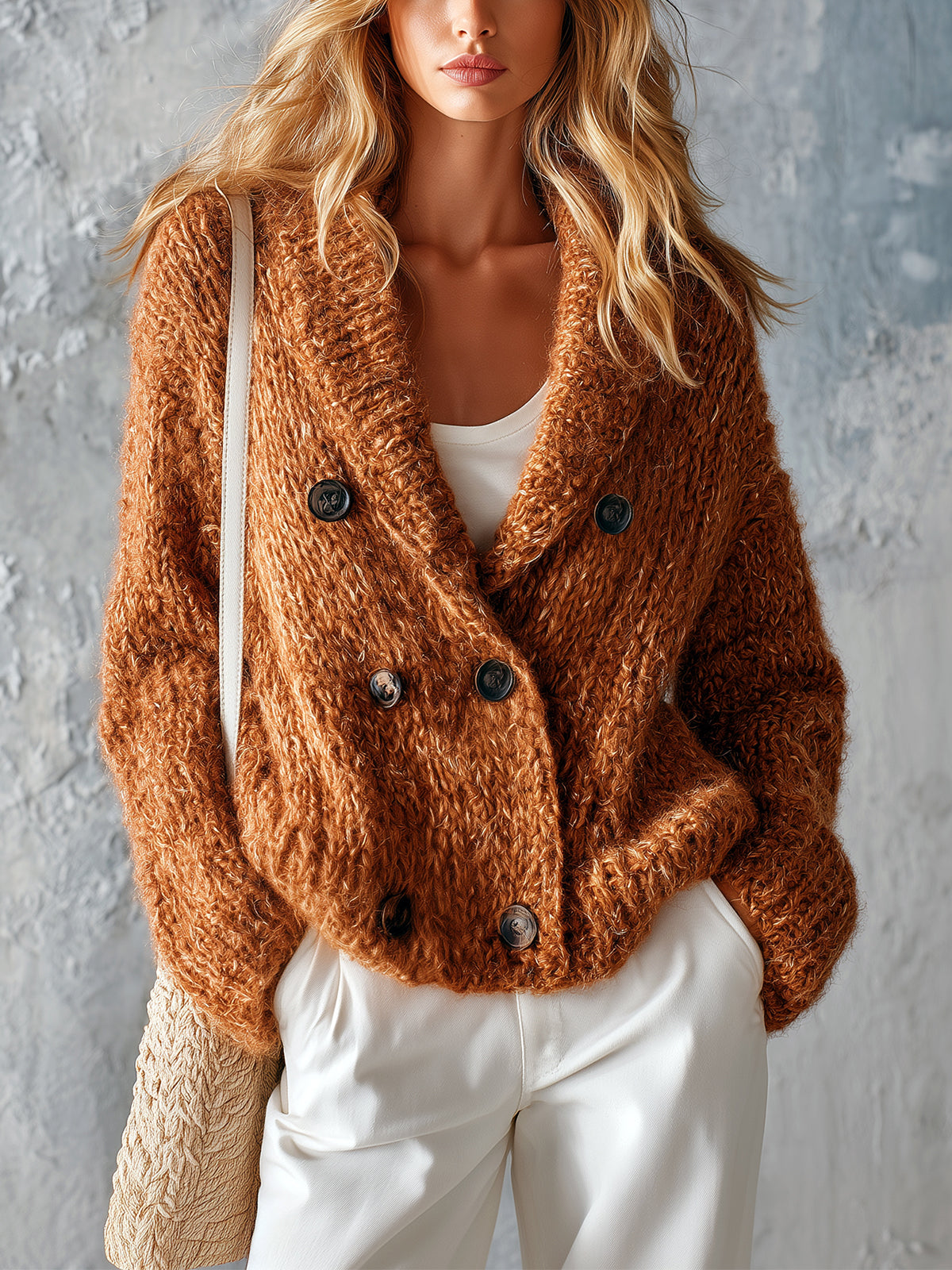 Cardigan brun caramel double boutonnage — vue portée de face, haut blanc et pantalon blanc