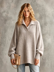 Pull beige grisé manches lanternes — vue portée de trois-quarts, longueur des manches