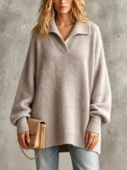 Pull beige grisé manches lanternes — vue portée de face, jean clair et petit sac beige