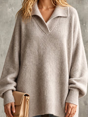 Pull beige grisé manches lanternes — gros plan du col polo et de l'encolure